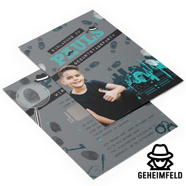 Einladung zu Kindergeburstag mit Geheimfeld