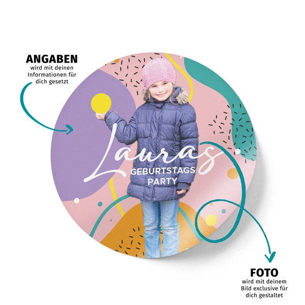 Aufkleber Kindergeburtstag kunterbunt
